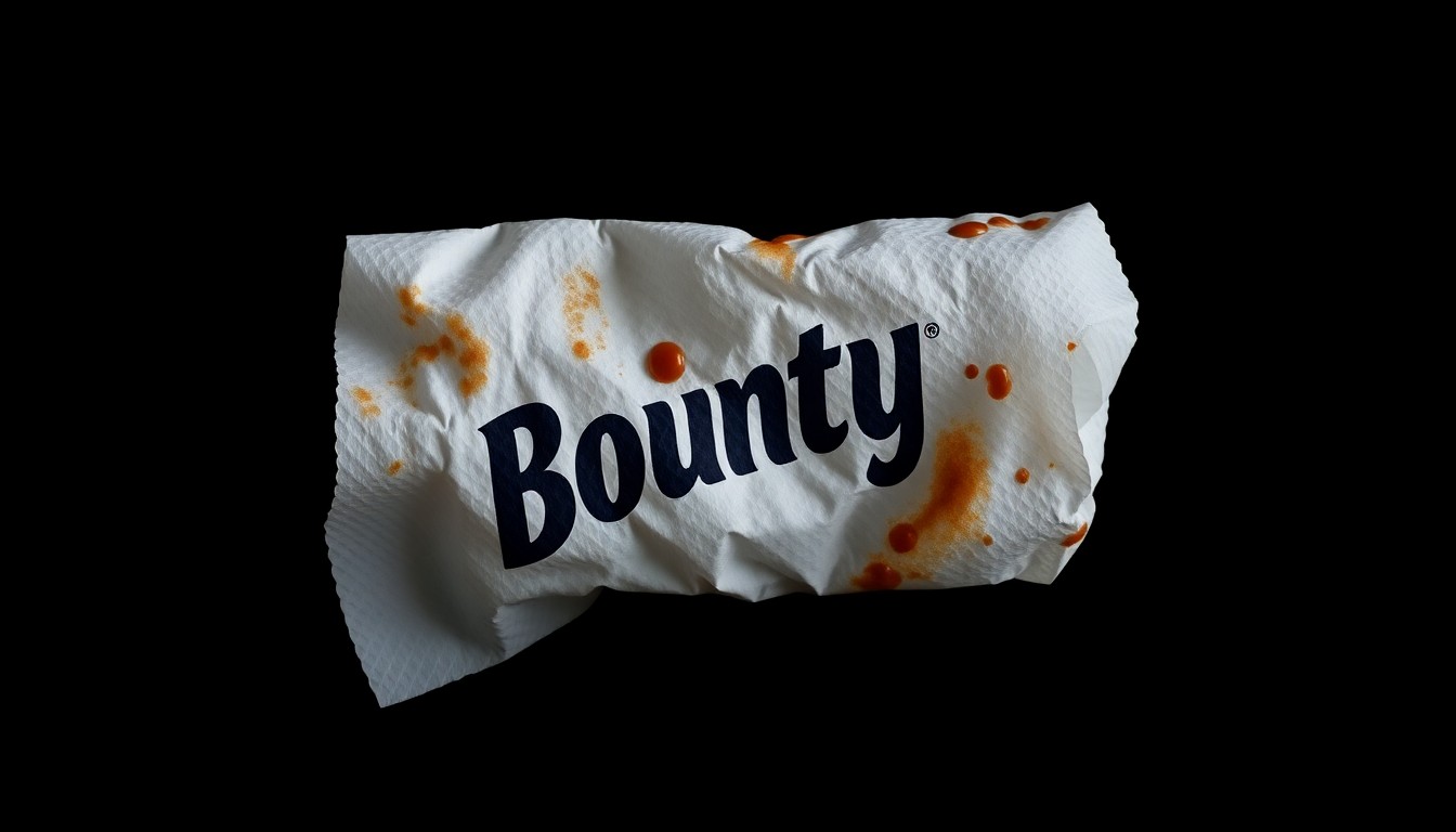 An extreme close-up photograph of a crumpled, stained Bounty paper towel against a pitch-black background, lit by a harsh, direct camera flash, conceptually representing a crucial piece of evidence in the Gilgo Beach serial killer case.