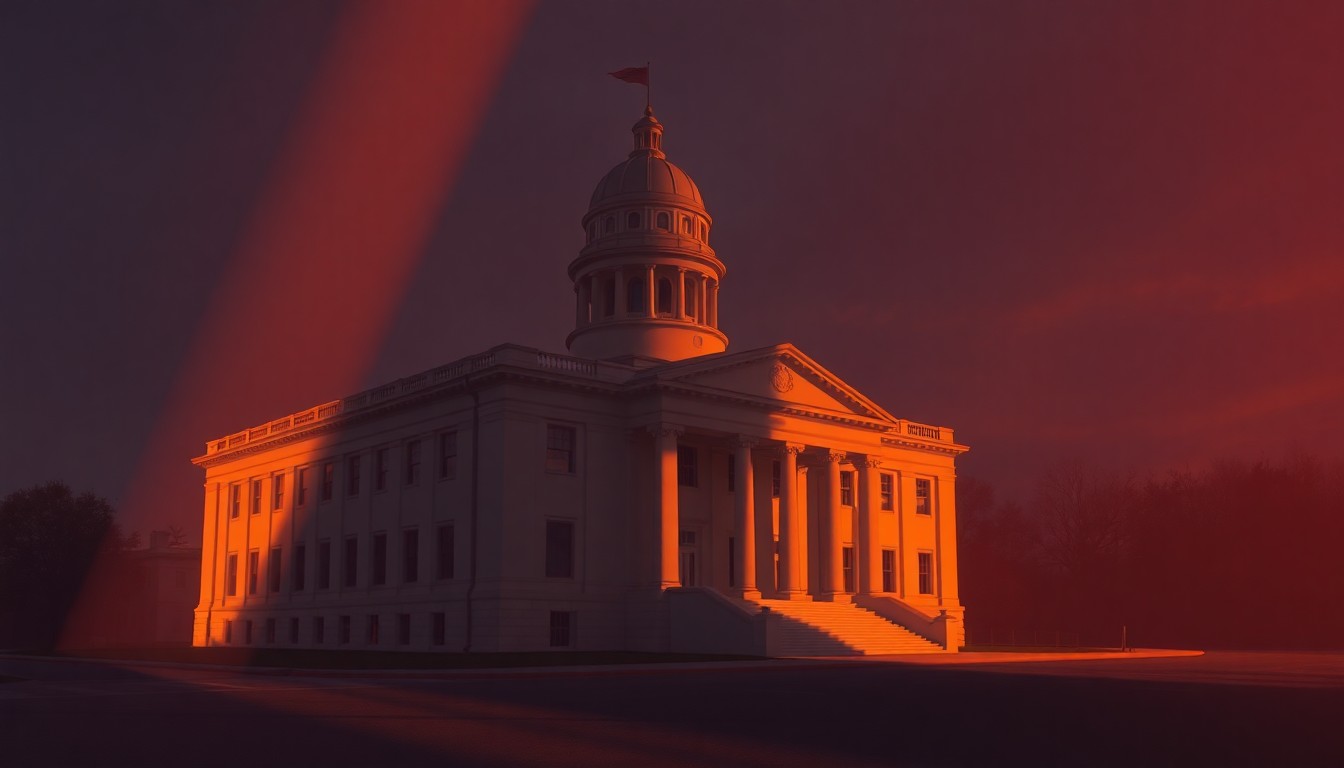 A photorealistic painting of a grand state capitol building in Mississippi, with the facade bathed in warm, golden light and deep shadows, conveying a sense of political drama and intrigue.
