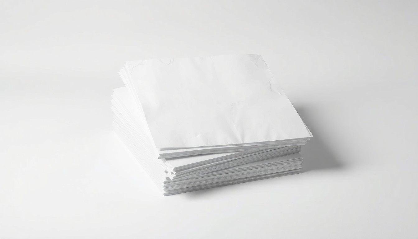 A high-end, photorealistic studio still-life photograph featuring a stack of pristine, blank newsprint paper sheets arranged elegantly on a clean, monochromatic background, conceptually representing the declining newsprint industry.