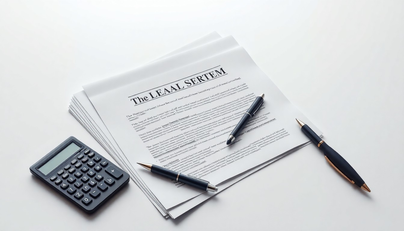 A high-end, photorealistic studio still-life featuring a stack of legal documents, a pen, and a calculator on a clean, monochromatic background, conceptually representing the financial and legal implications of the opioid crisis settlement.