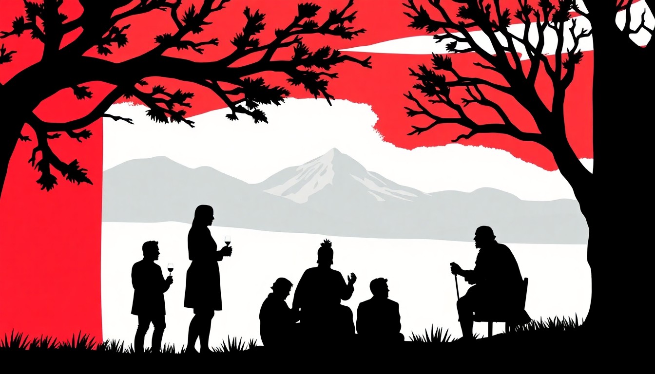 A minimalist, abstract illustration featuring bold black silhouettes and high-contrast solid colors like red and white, conceptually representing the classic Shakespearean plays being performed outdoors in Montana's natural settings.