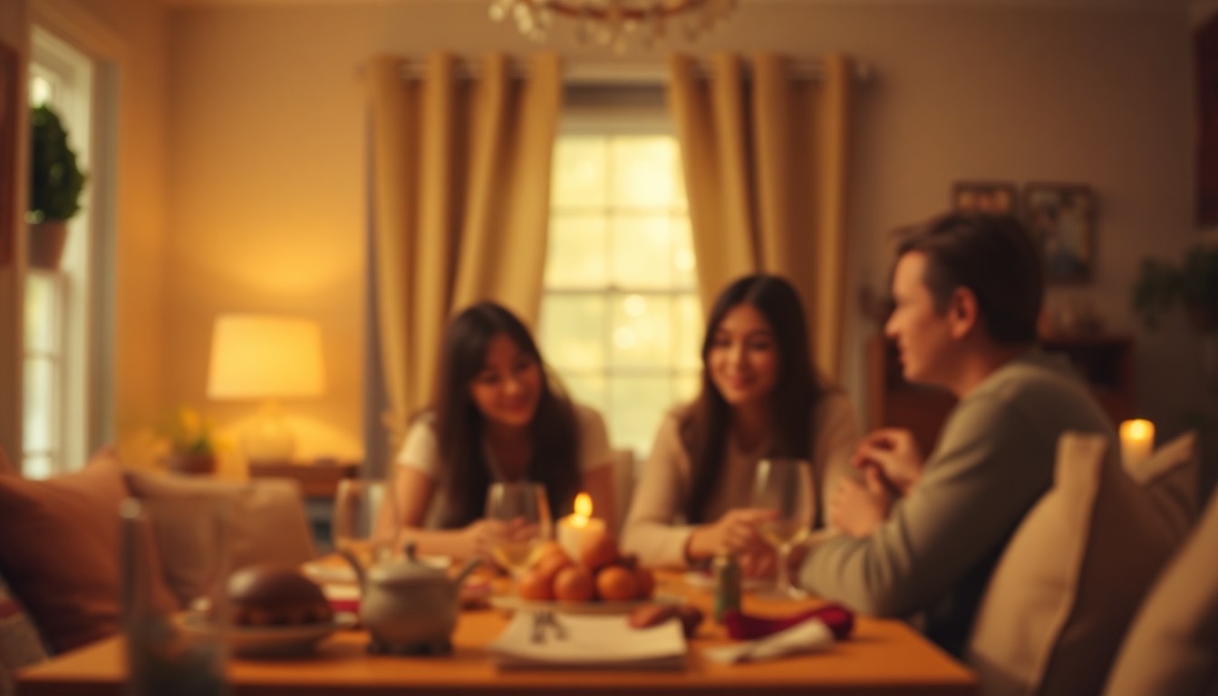 An extremely abstracted, out-of-focus photograph in soft pools of warm color and light, depicting a blurred family gathering in a cozy, domestic setting, conceptually representing the quiet celebration of a life well-lived.