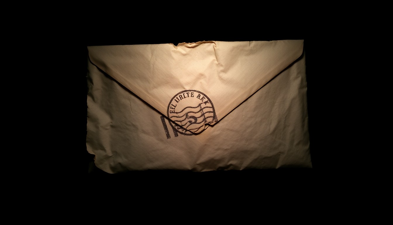 An extreme close-up photograph of a crumpled, torn envelope with a faint postmark, lit by a harsh, direct camera flash against a pitch-black background, conceptually representing the violation of postal integrity.