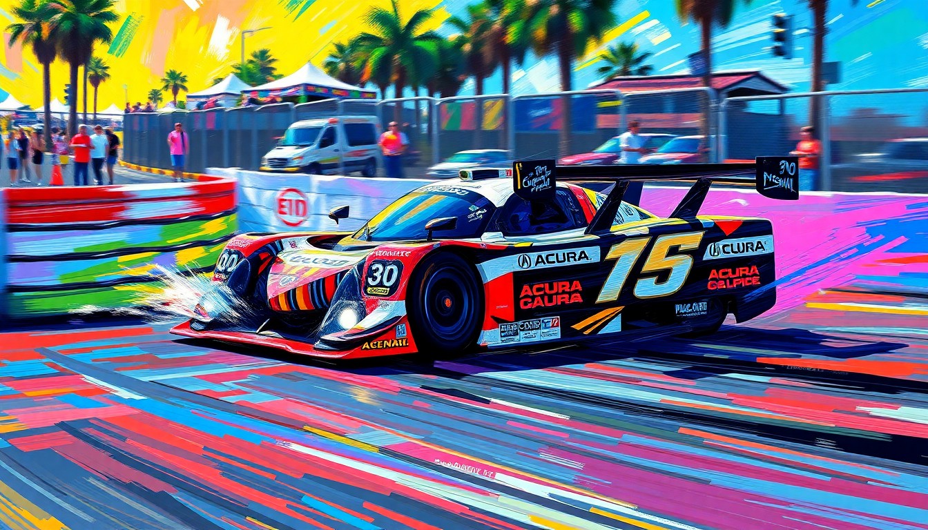 An abstract, energetic painting featuring an Acura GTP race car in motion, with bold brushstrokes and neon colors capturing the intensity and excitement of the Long Beach street circuit.