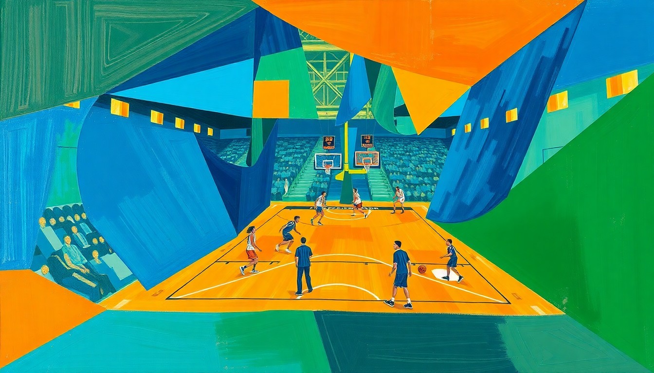 A cubist, geometric painting depicting a fragmented, multi-angled view of a college basketball game, with sharp planes of blue, orange, and green colors representing the dynamic action on the court.