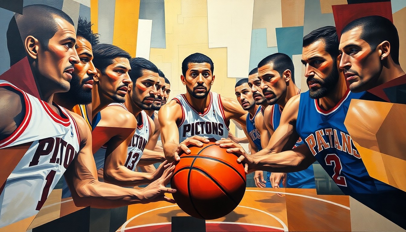 A fractured, cubist-style painting depicting a Pistons basketball game, with the players' forms broken down into overlapping geometric shapes and planes of color, creating a sense of dynamic movement and energy on the court.