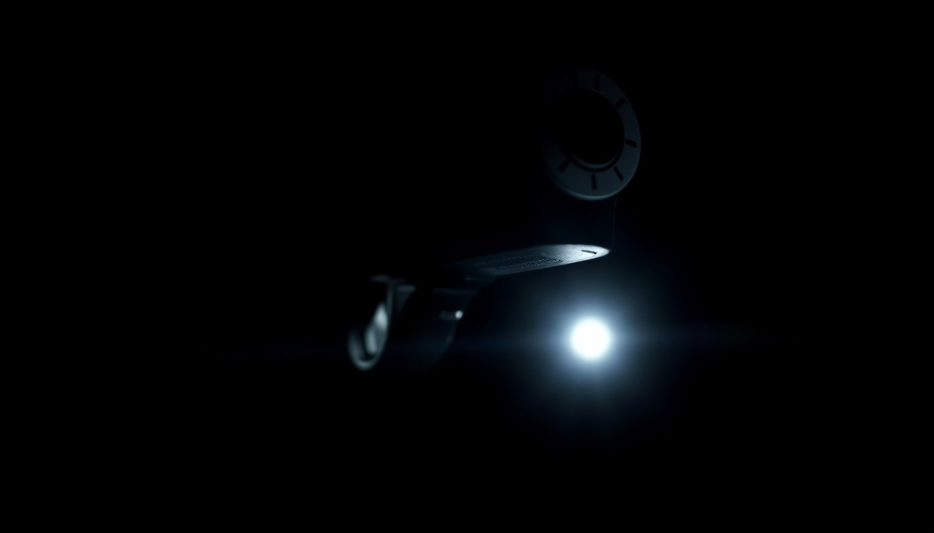 An extreme close-up photograph of a handgun trigger mechanism, capturing the stark, gritty details of the metal components under harsh, direct lighting against a pitch-black background, conceptually representing the recovery of an illegal firearm.