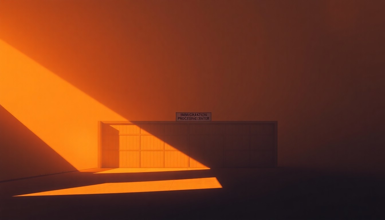 A photorealistic painting of a nondescript government building in warm, golden light, with long shadows cast across the facade, conveying a sense of isolation and bureaucratic indifference.