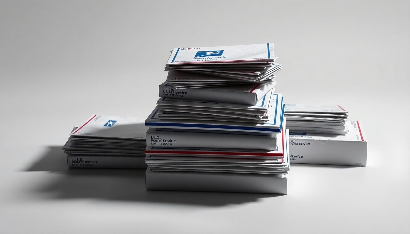 A minimalist studio still life photograph featuring a stack of U.S. Postal Service envelopes and packages arranged elegantly on a clean, monochromatic background, using dramatic lighting and shadows to symbolize the Postal Service's financial challenges.