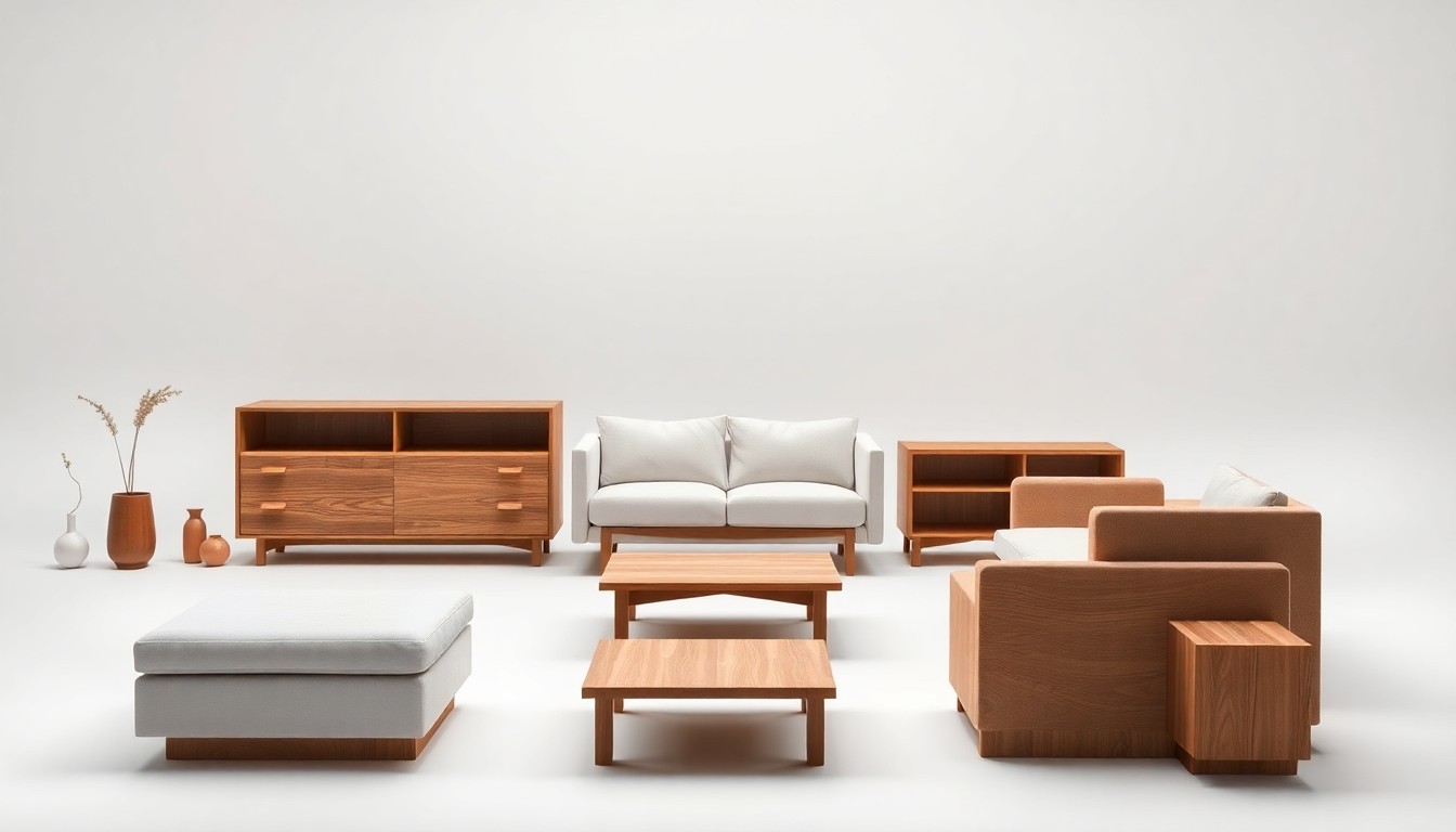 A studio still life photograph featuring a selection of premium, polished wood furniture pieces arranged elegantly on a clean, monochromatic background, conceptually representing the quality and craftsmanship of Dunk & Bright's offerings.