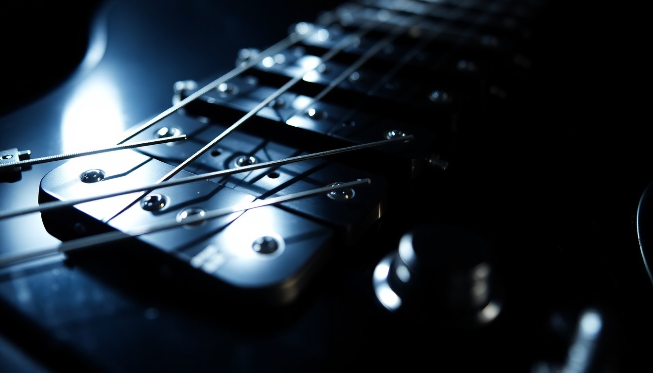An extreme close-up photograph of the intricate textures and reflections of an electric guitar's strings and hardware, captured in dramatic studio lighting to create a glitzy, high-fashion aesthetic.