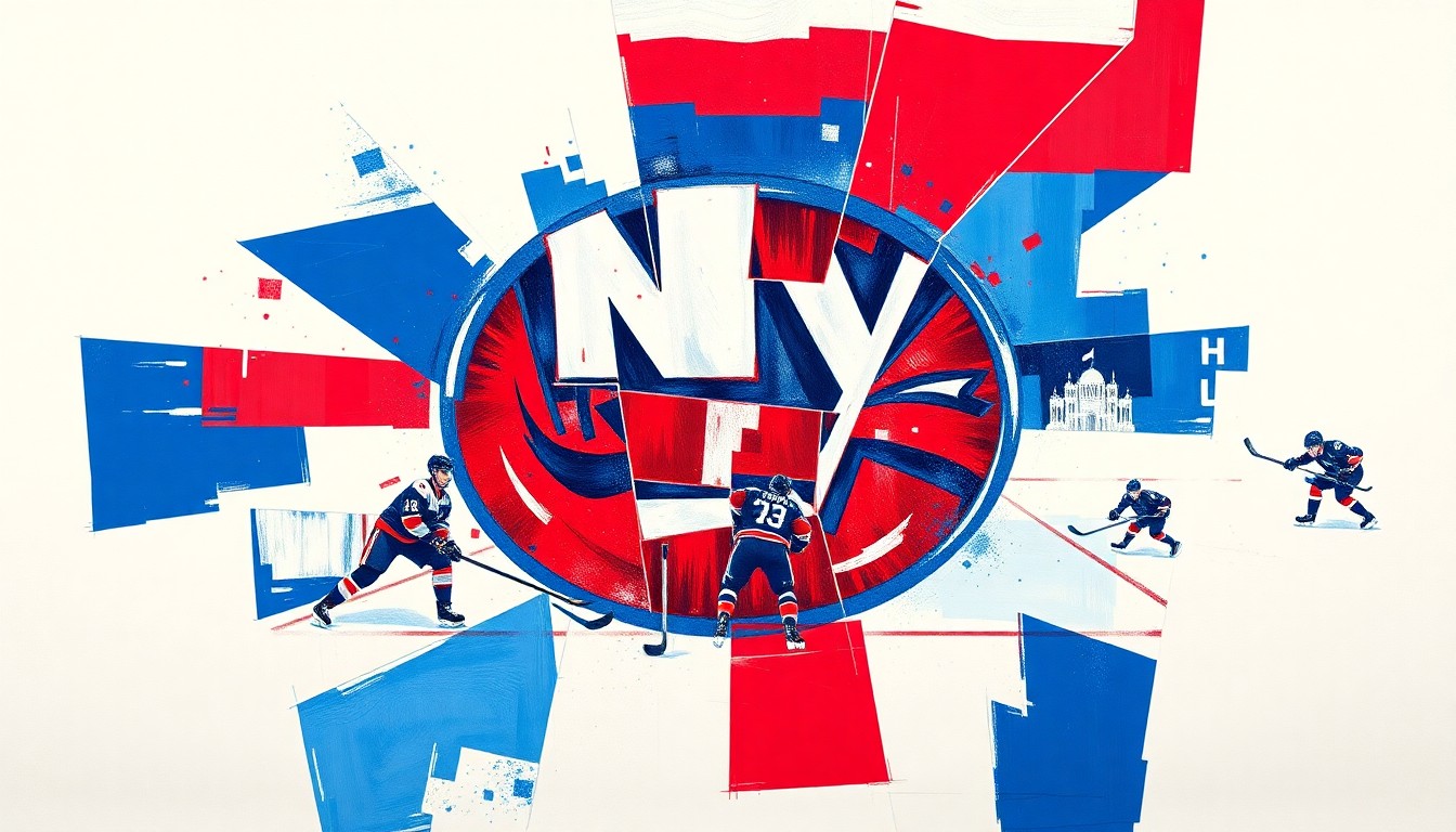 A cubist-style painting featuring overlapping geometric shapes and planes in the Islanders' team colors of blue, red, and white, conveying the chaotic energy and multiple perspectives of a hockey game.
