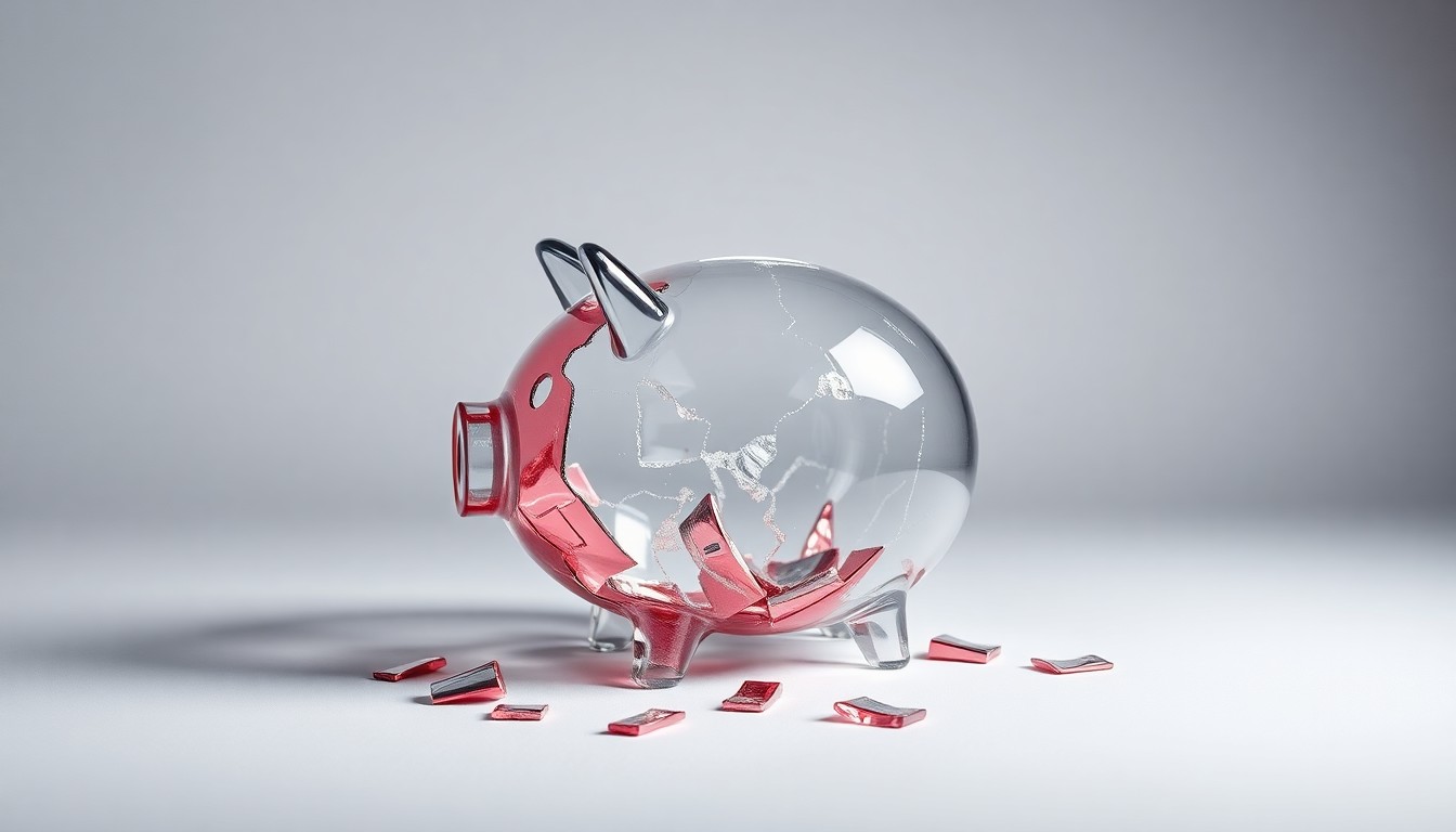 A photorealistic studio still-life image of a shattered glass piggy bank, symbolizing the financial losses suffered by investors in the Driven Brands securities fraud case.