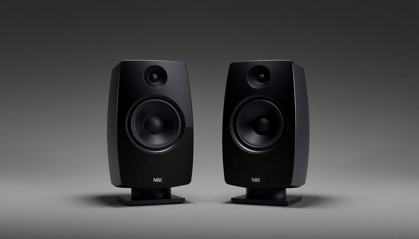 A photorealistic studio still-life image featuring a pair of sleek, black M&K Sound loudspeakers arranged elegantly on a clean, monochromatic background, conveying the premium quality and cinematic sound capabilities of the brand's products.