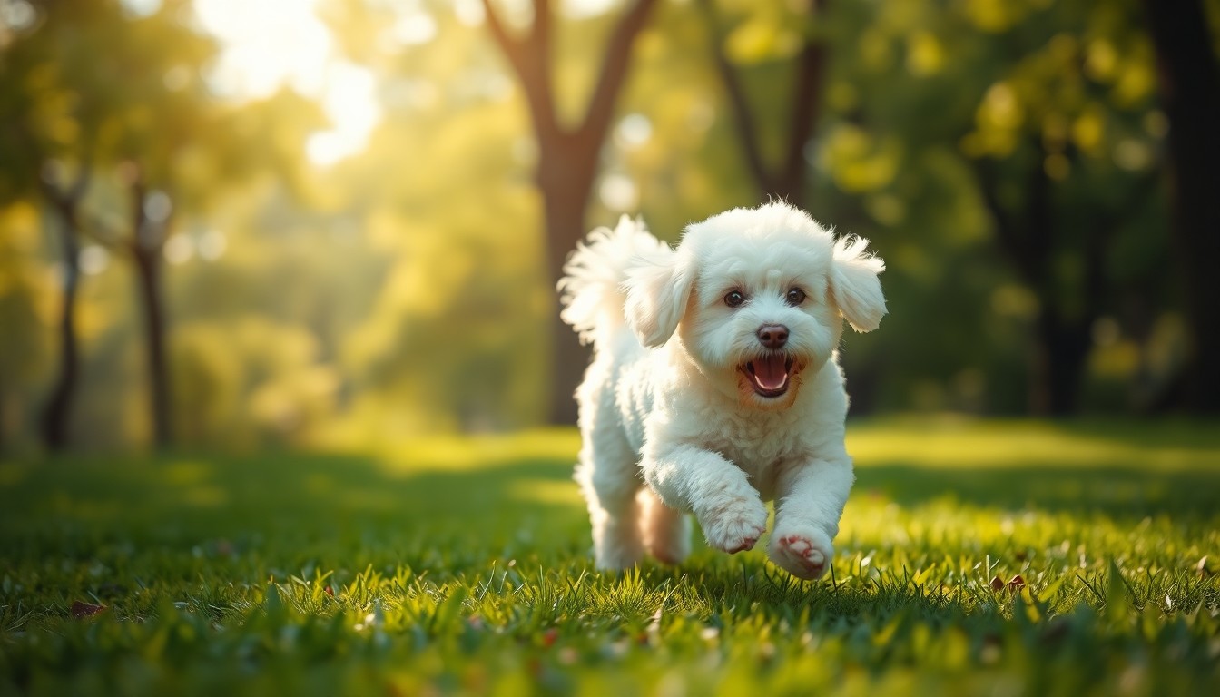An abstract, impressionistic photograph in soft, warm tones showing the blurred silhouette of a playful poodle running through a park, its fluffy white fur catching the dappled sunlight, conveying a sense of joy and renewal.