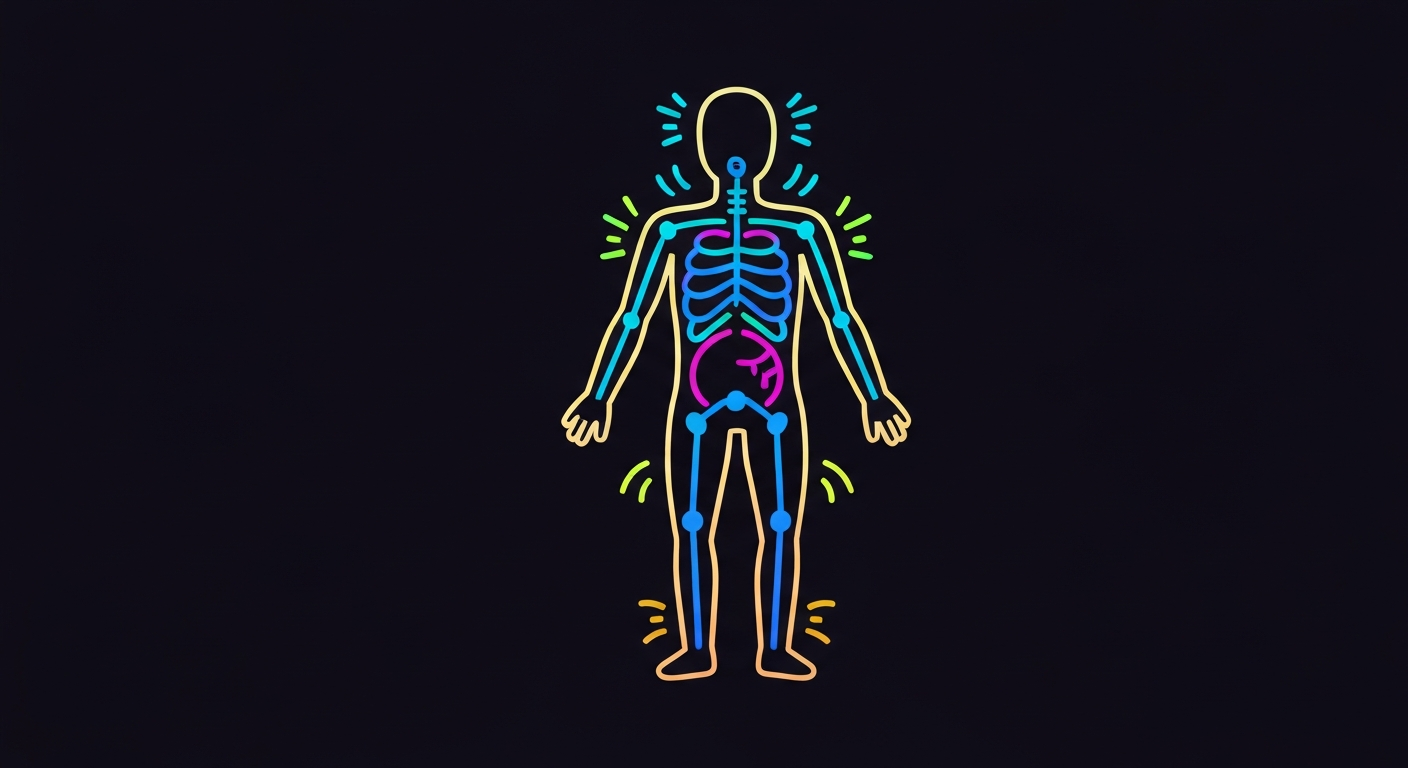 A stylized human figure rendered in glowing neon lines against a dark background, representing the internal systems and structures of the body in a minimalist, abstract design.