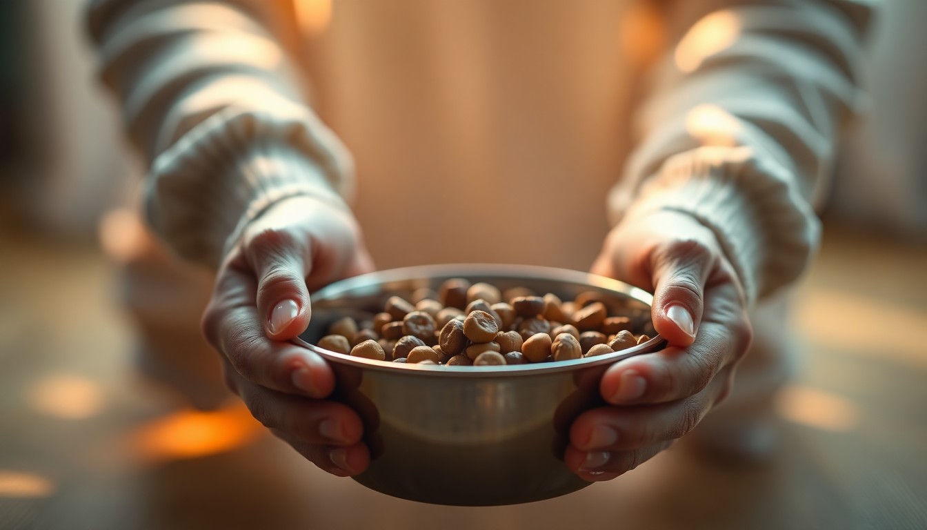 An extremely blurred, impressionistic photograph showing a person's hands cradling a bowl of pet food, conveying a sense of care and support for animal companions.