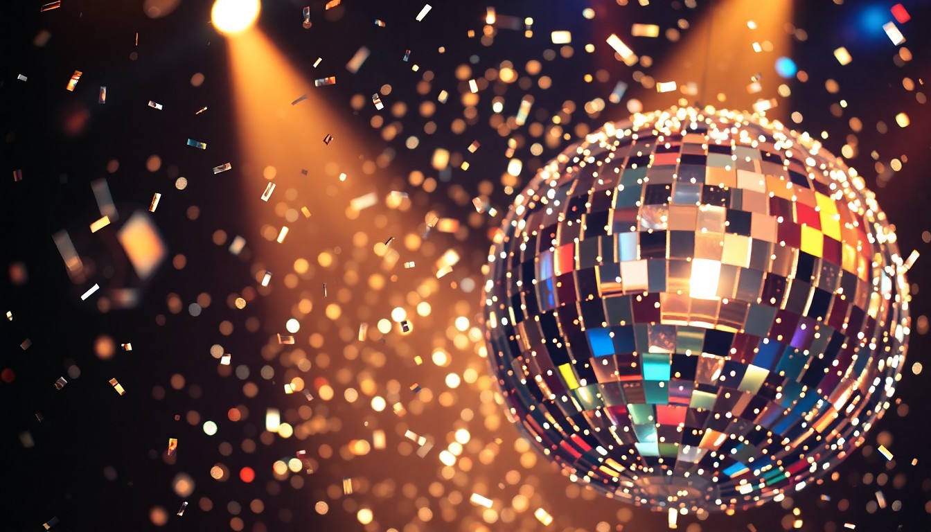An extreme close-up photograph of shattered disco ball fragments reflecting bright, colorful lights, capturing the celebratory energy and glamour of a major music festival.