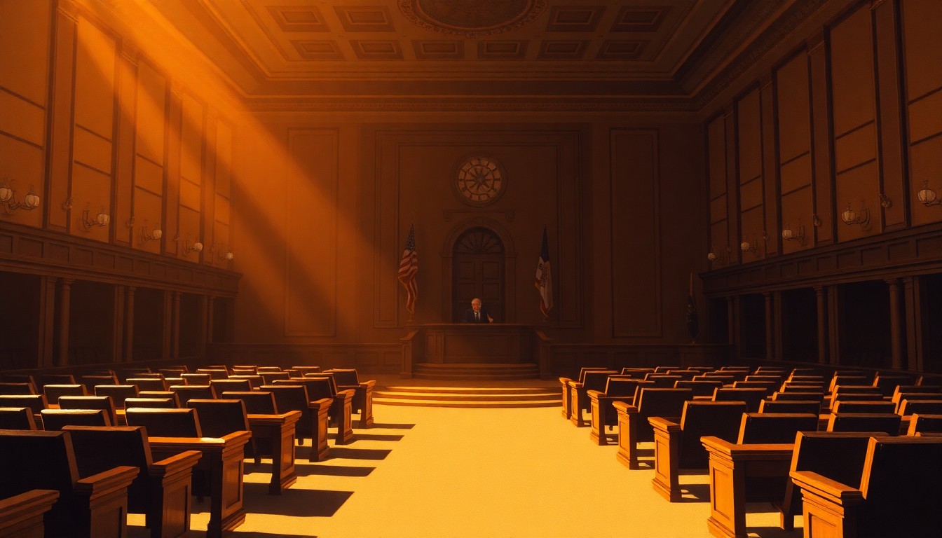 A dimly lit, cinematic painting of an empty city council chamber, with warm sunlight streaming through the windows and deep shadows covering the room, conveying a sense of political inaction and missed opportunities.