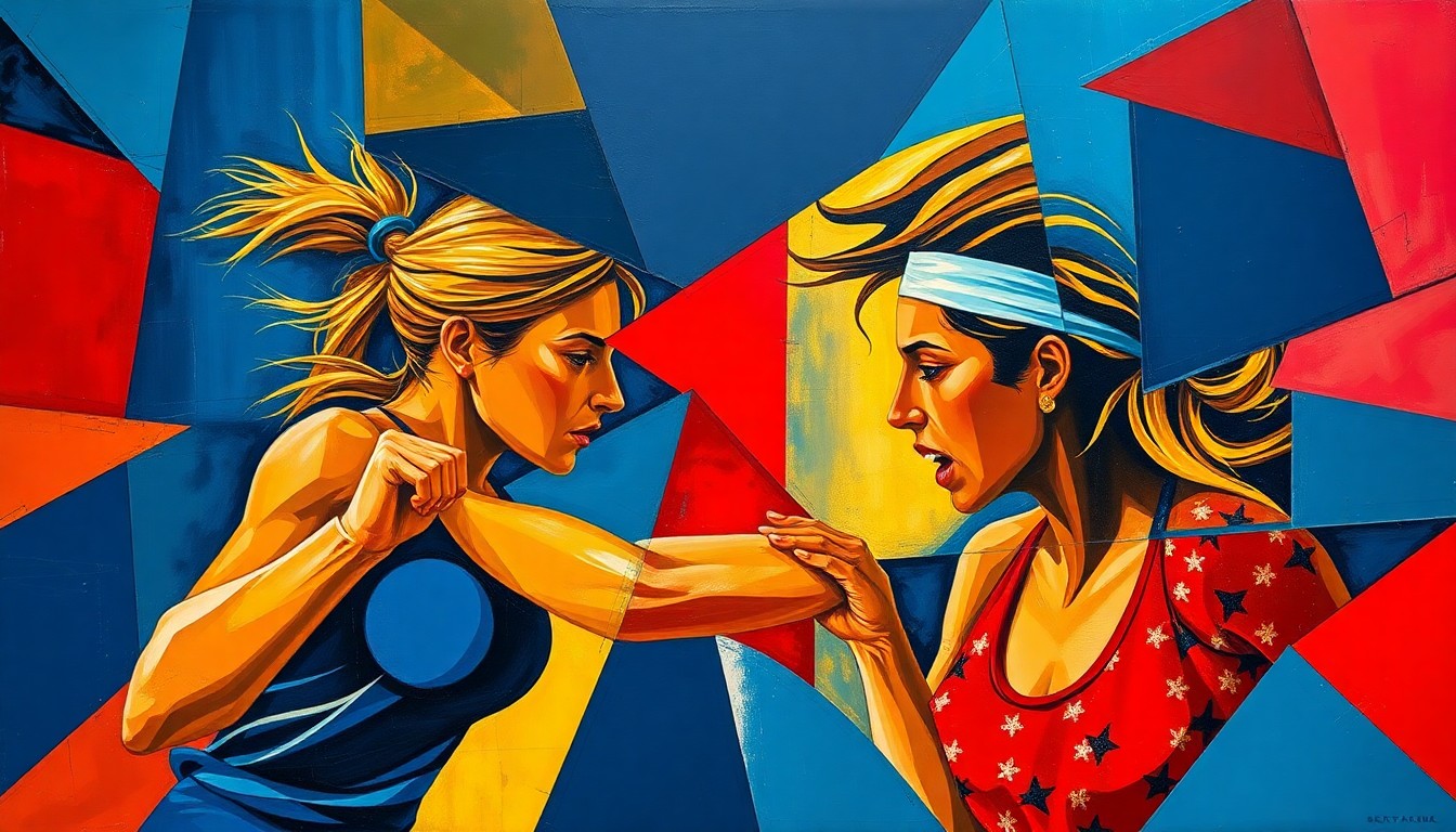 A cubist, geometric painting depicting an intense women's tennis match, with sharp, overlapping planes of navy, crimson, and gold conveying the energy and competition of the sport.