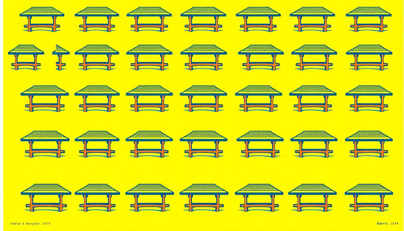 A vibrant, abstract grid of stylized picnic shelter icons in shades of green, blue, and orange, conceptually representing the updated rental rates for public park amenities in the city of Adrian.
