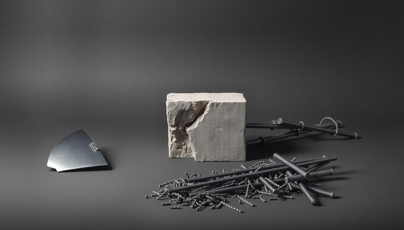 A photorealistic studio still life featuring a polished metal ship's hull fragment, a cracked concrete bridge support, and a pile of twisted steel rebar, conceptually representing the complex aftermath of the Key Bridge collapse.