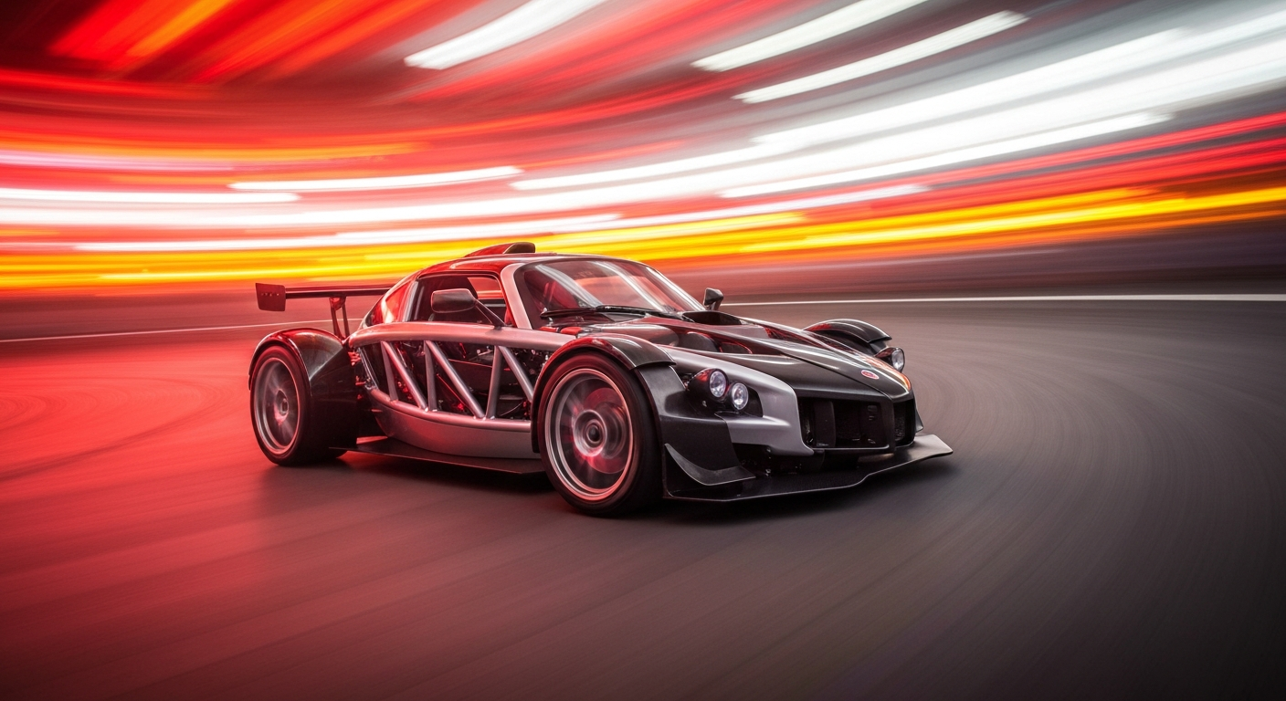 An abstract color photograph featuring sweeping, blurred brushstrokes of bright reds, oranges, and yellows, conceptually representing the raw power and engineering of the Ariel Atom 4RR sports car.