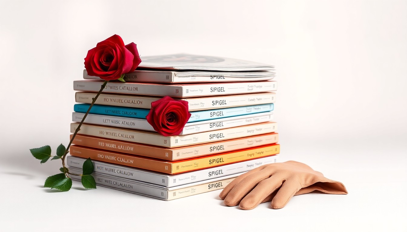 A high-end, photorealistic studio still-life photograph featuring a stack of vintage Spiegel catalogs, a red rose, and a pair of elegant women's gloves arranged elegantly on a clean, monochromatic background, capturing the refined aesthetic and nostalgic appeal of the iconic catalog.