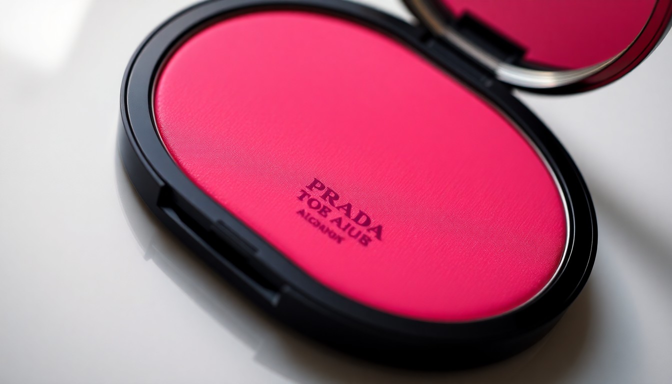 An extreme close-up photograph of a Prada Touch blush compact, showing the luxurious, high-fashion texture of the product in a vibrant, jewel-toned color under dramatic studio lighting.