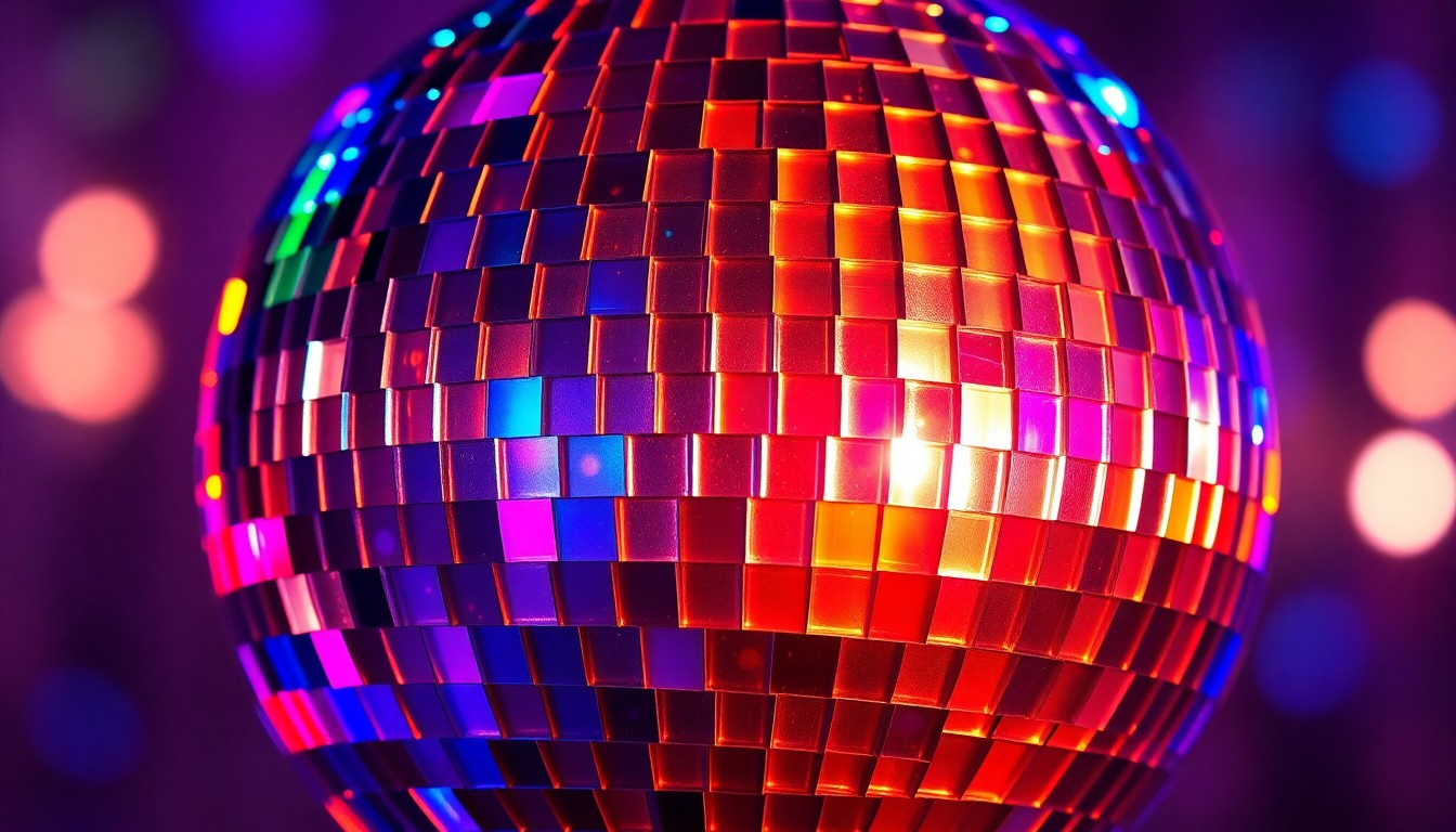 An abstract close-up photograph of a glittering disco ball reflecting a kaleidoscope of colorful, shimmering light patterns, conceptually representing the vibrant energy and visual spectacle of Dabeull's live electronic music performance.