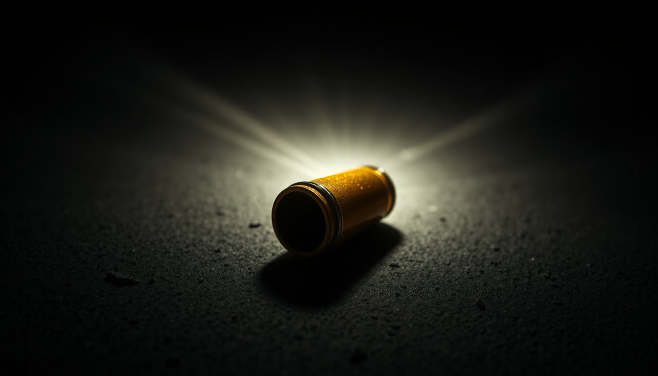 An extreme close-up of a single spent shell casing on a dark concrete surface, conceptually illustrating the aftermath of a shooting incident.
