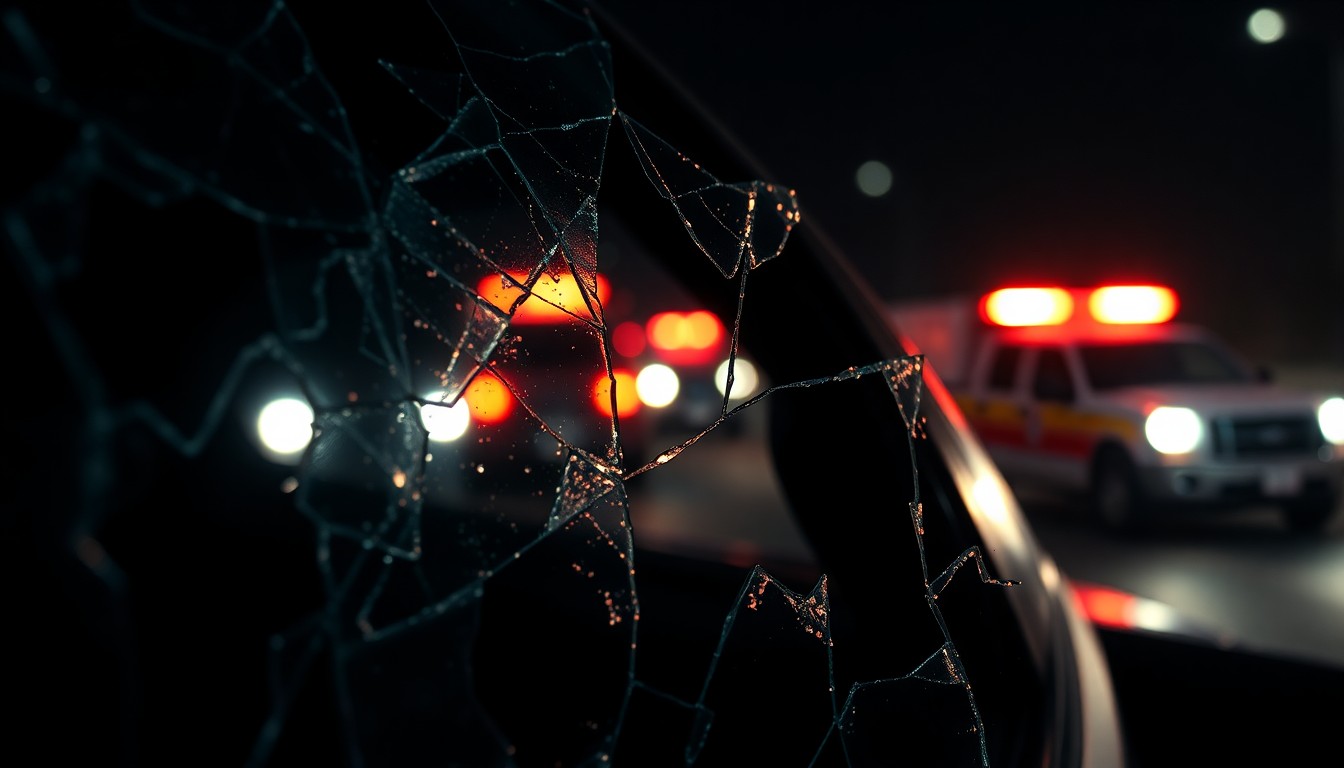 An extreme close-up photograph of a shattered car window reflecting the flashing lights of emergency vehicles, conceptually illustrating the tragic aftermath of a fatal crash.