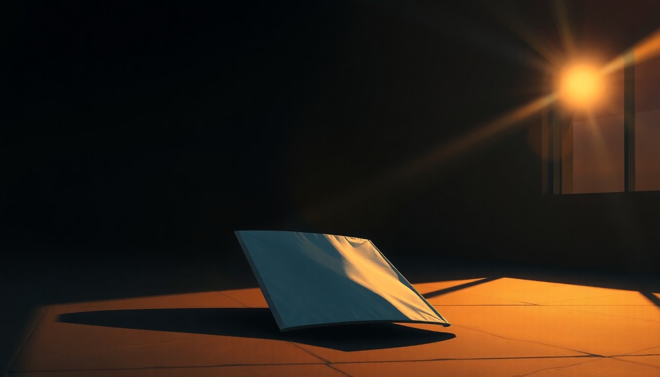 A close-up painting of a solitary protest sign lying on the ground, the edges softened by warm light and deep shadows, conveying a sense of melancholy and the aftermath of a confrontation.