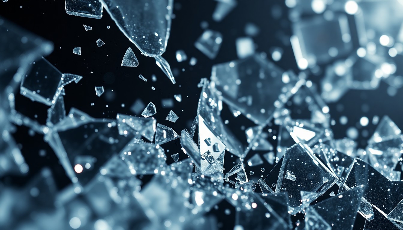 An extreme close-up image of shattered glass and glittering shards, captured in dramatic high-contrast studio lighting to create a glamorous, high-fashion aesthetic, conceptually representing the tumultuous romantic history of the characters on The Young and the Restless.