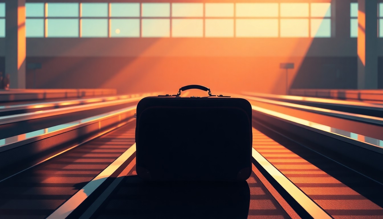 A solitary suitcase sits on an airport security conveyor belt, its surface reflecting the warm, cinematic lighting and deep shadows characteristic of Edward Hopper's paintings, conveying a sense of quiet contemplation and the complexities of navigating modern travel.