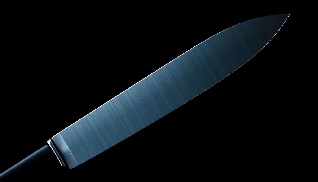An extreme close-up photograph of a knife blade against a pitch-black background, lit by a harsh, direct camera flash, conceptually illustrating the violent nature of the alleged crime.