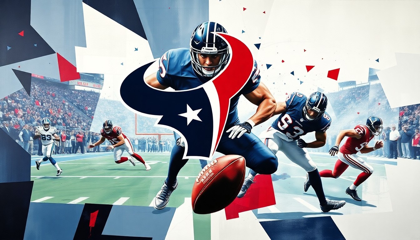 A cubist, geometric painting depicting a fragmented football game scene, with the players' forms broken down into sharp, overlapping shapes in the Texans' team colors of deep blue, red, and white.