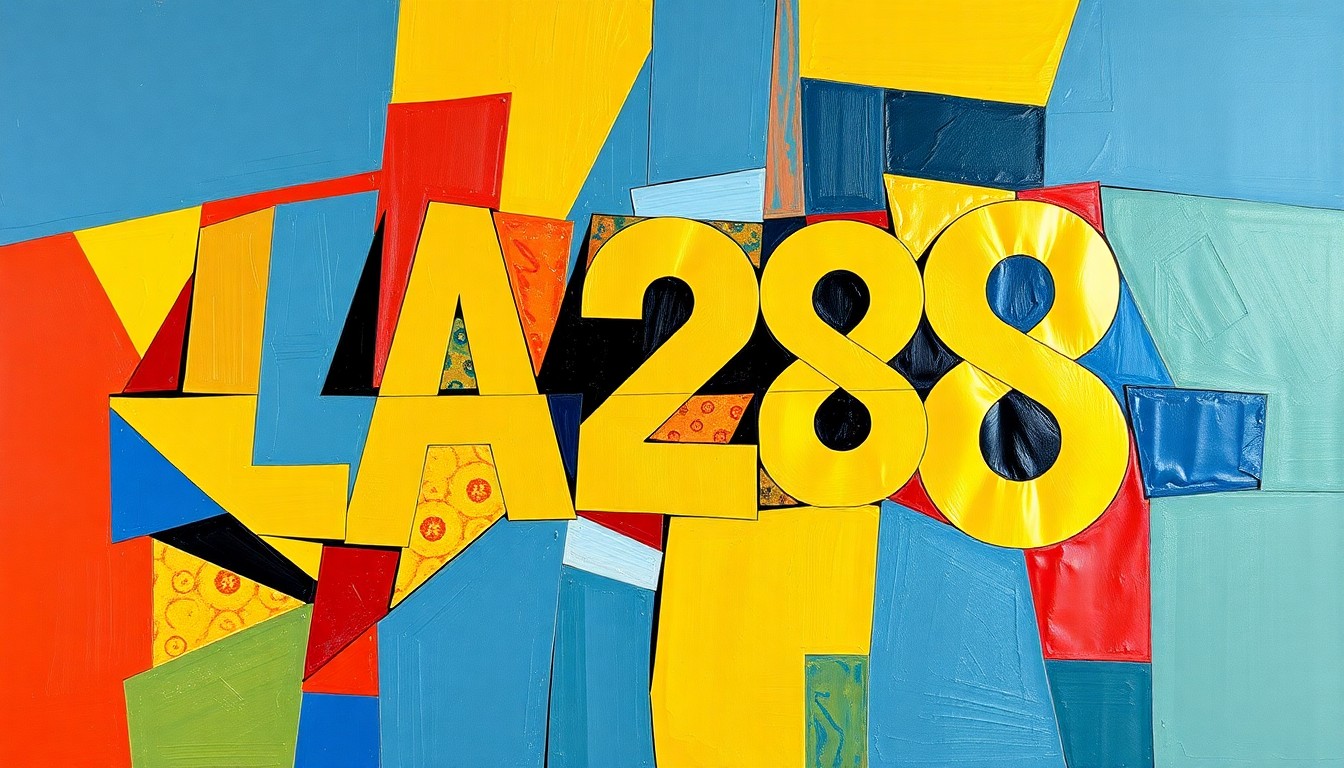 A fragmented, cubist-style painting featuring sharp, overlapping planes of gold, blue, and red, conceptually representing the excitement and anticipation building for the 2028 Los Angeles Olympics.