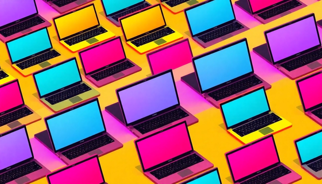 A repeating grid pattern of a laptop computer in bright neon colors, conceptually representing the tech industry and educational opportunities for underserved students.