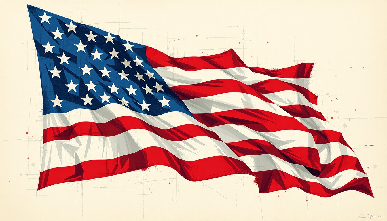 A vibrant, abstract painting featuring overlapping, fragmented shapes and waves of red, white, and blue, conveying a sense of political turmoil and division surrounding the Iran war debate.