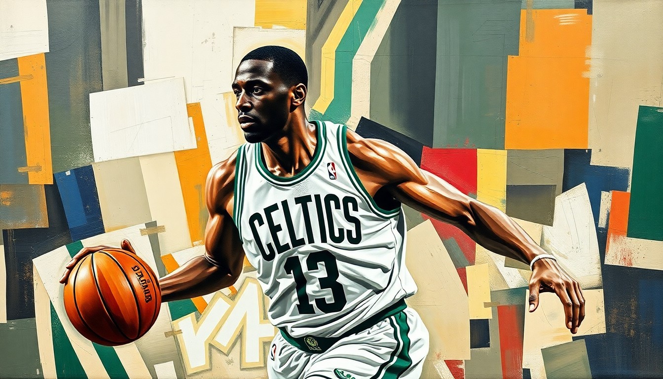 A fragmented, geometric painting depicting a basketball player in motion, with the Celtics logo visible but the player's face obscured, representing the uncertainty around Jaylen Brown's Achilles injury.