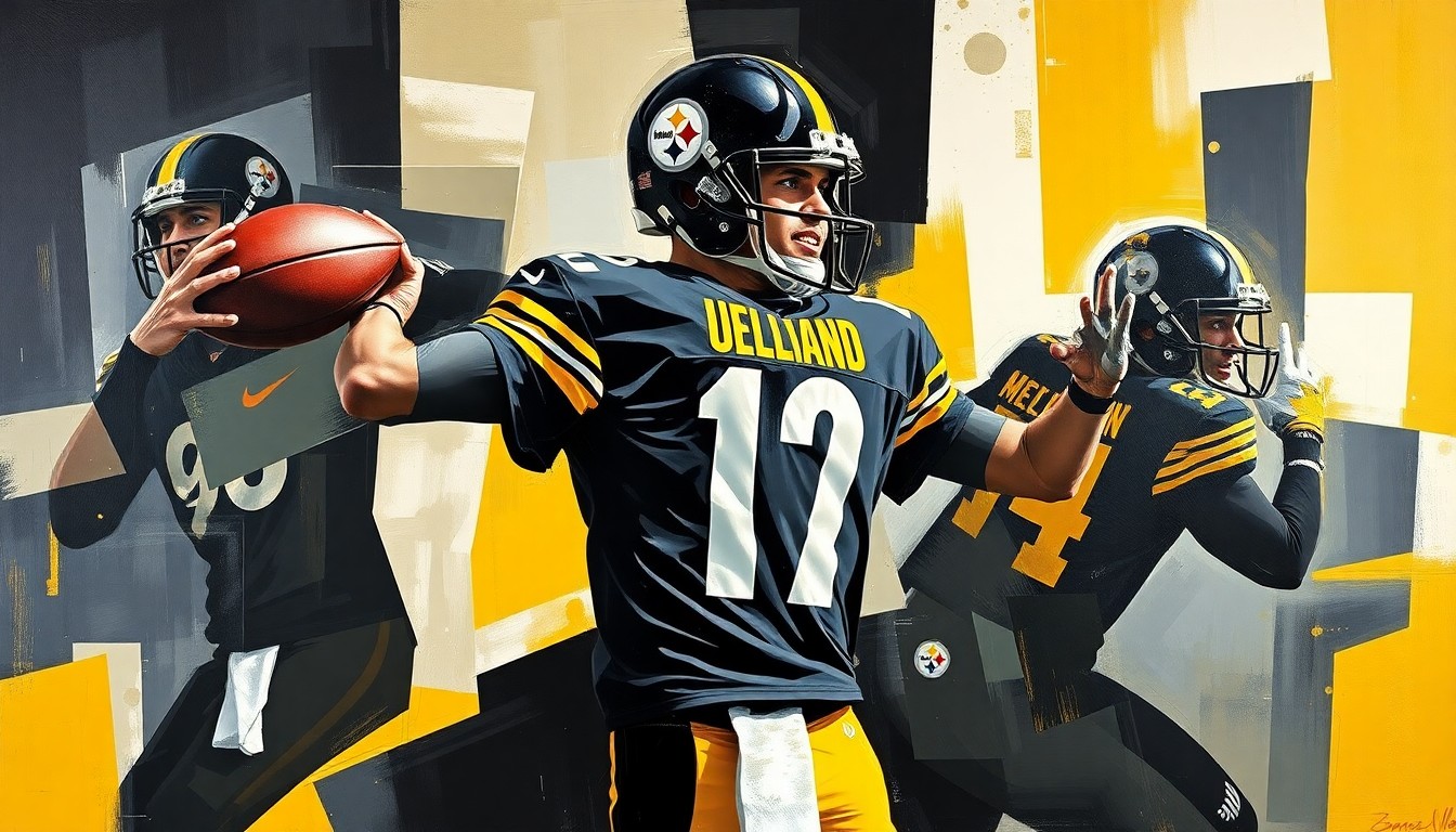 A cubist, geometric painting depicting a quarterback in motion, with the player's form broken down into sharp, overlapping planes of color in the Steelers' black and gold palette.