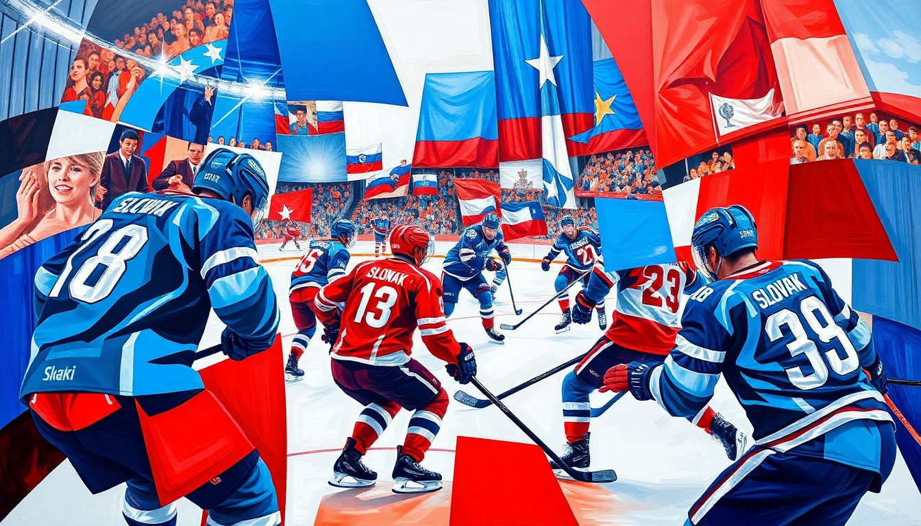 A cubist, geometric painting depicting a fragmented hockey scene in the colors of the Slovak national team, with sharp, overlapping planes representing the challenges the team faces in assembling their roster for the upcoming tournament.