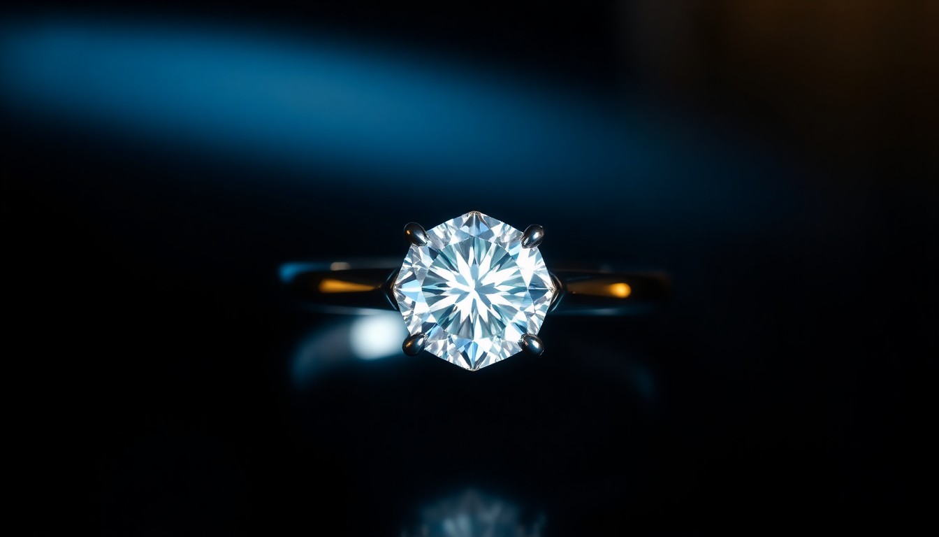 An extreme close-up of a diamond engagement ring, its facets reflecting dramatic, high-contrast studio lighting, conceptually representing the glamour and challenges of a celebrity relationship.
