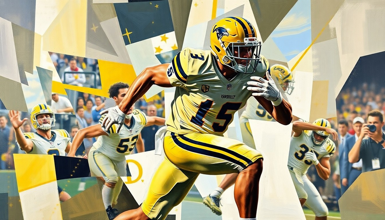 A fragmented, cubist-style painting depicting a Vanderbilt football player in motion, with their body broken down into sharp, angular geometric shapes and planes of color, conveying a sense of dynamic movement and creative roster strategy.