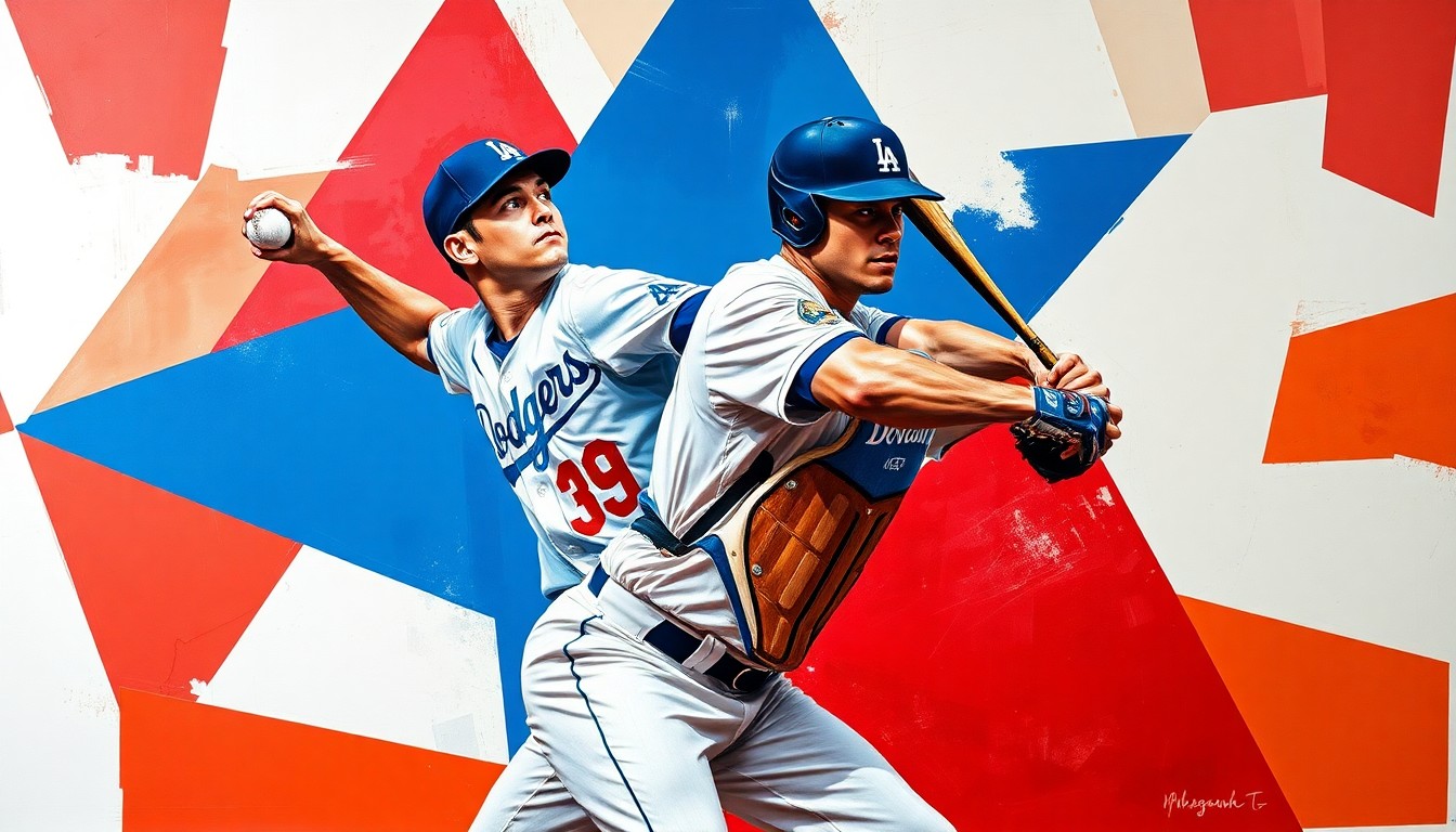 A cubist, geometric painting depicting Shohei Ohtani's pitching motion and batting stance broken down into overlapping planes of blue, red, and white, conceptually representing the controversy over his unique skills.