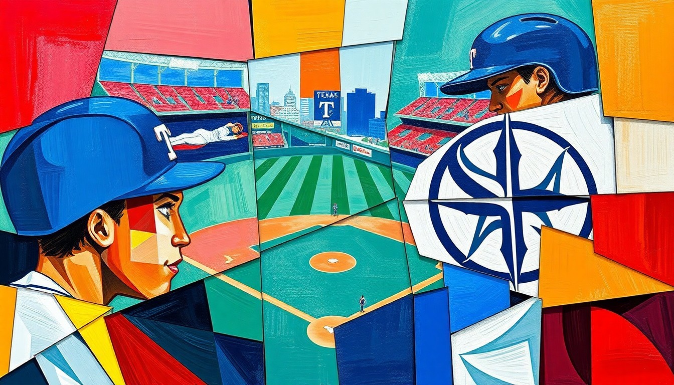 An abstract, cubist-style painting featuring fragmented geometric shapes and planes in the official colors of the Texas Rangers and Seattle Mariners baseball teams, conveying the intensity and movement of their recent series.