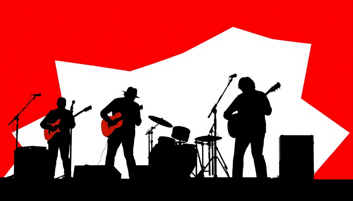 An abstract, minimalist illustration featuring bold, jagged shapes and silhouettes in contrasting red and black, conceptually representing the energetic and genre-blending music of the jamgrass band The Steppers.