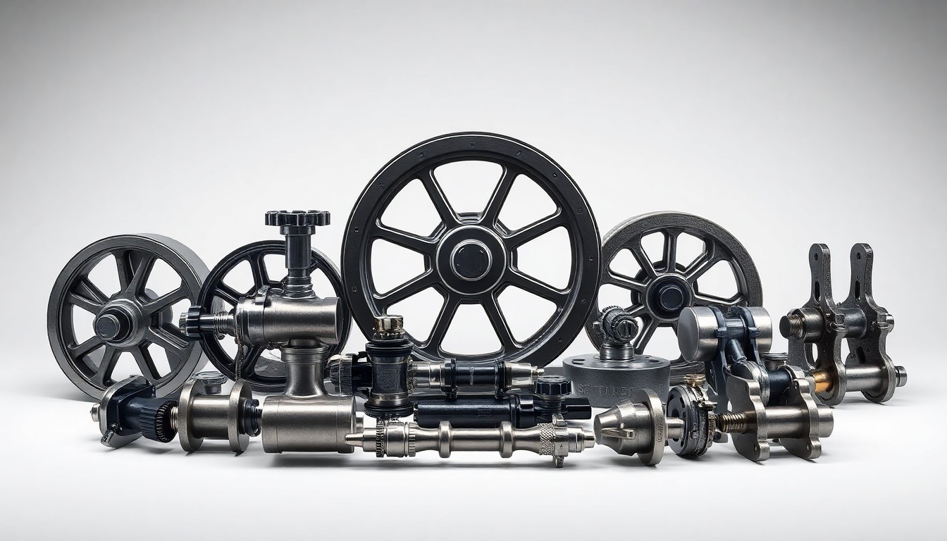 A high-end studio still life photograph featuring a collection of polished metal train wheels, couplers, and other railroad hardware components arranged elegantly on a clean, monochromatic background, using dramatic lighting to represent the complex systems behind freight rail transportation.