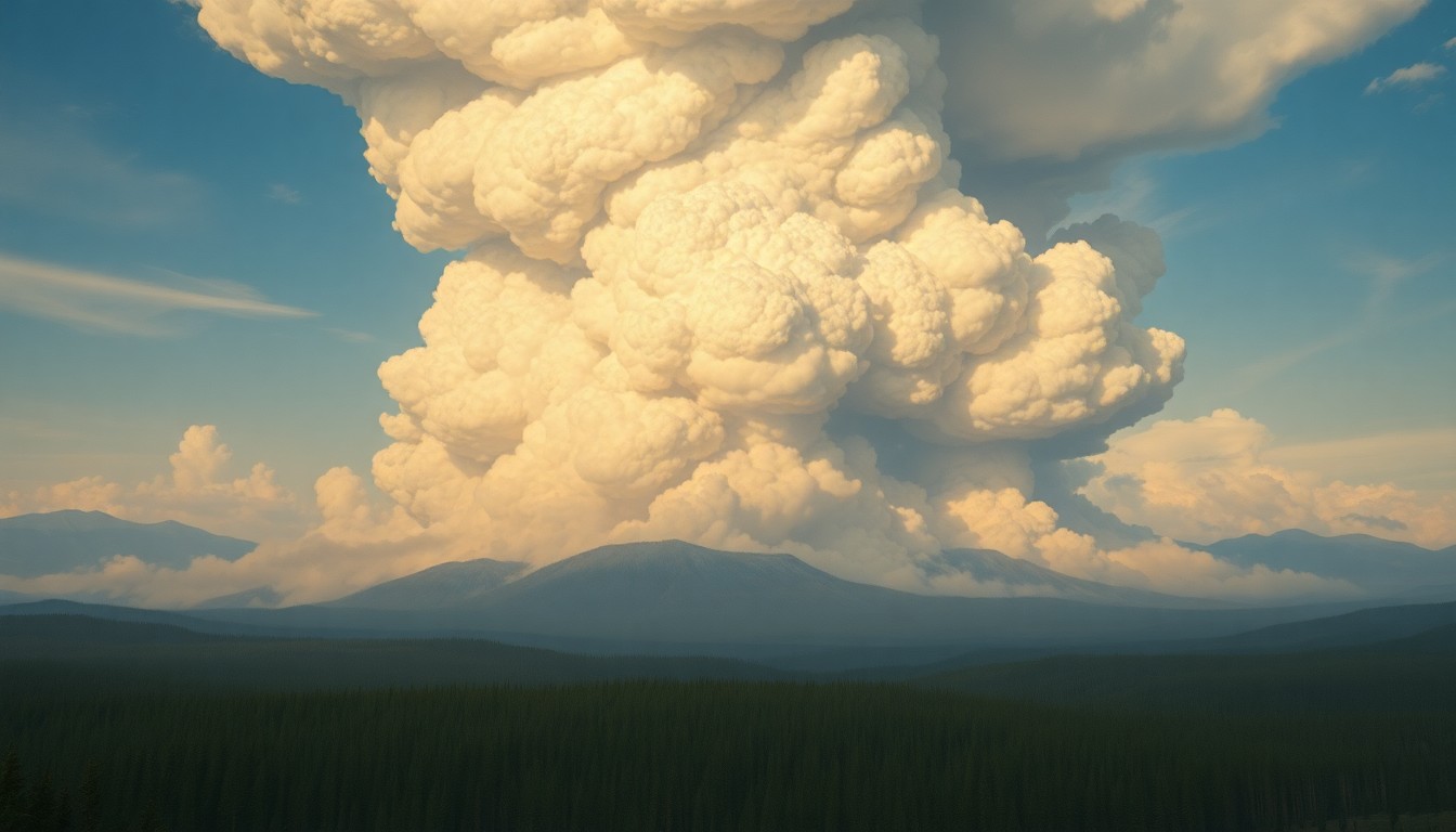 A vast, atmospheric landscape painting depicting a towering plume of thick, billowing smoke rising above a dense forest, conveying the overwhelming scale and power of a natural disaster.